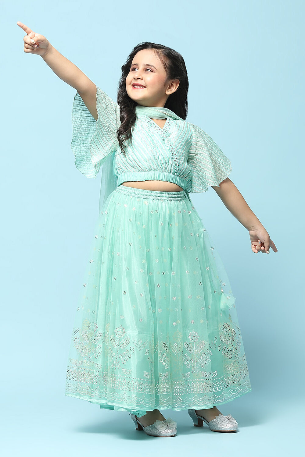 Mint Poly Viscose Short Kurta Lehenga Suit Set image number 0