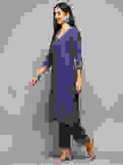 Blue Poly Viscose Straight Suit Set image number 3