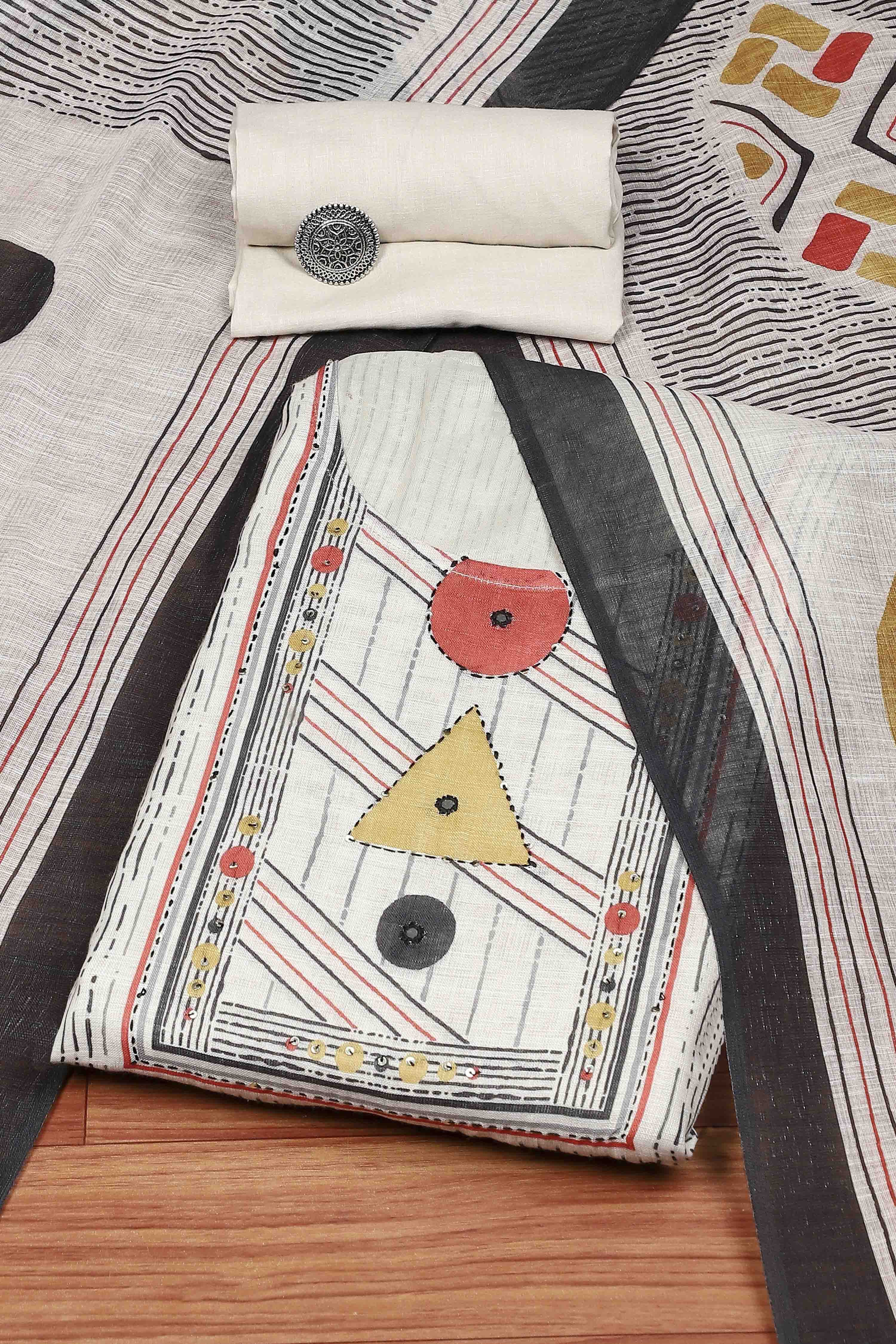 Off White Linen Blend Printed Unstitched Suit Set image number 0