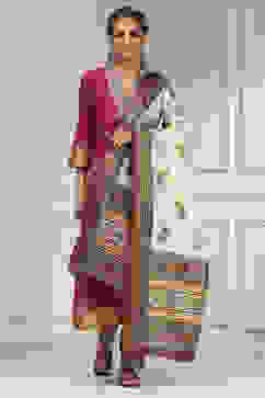 Maroon Cotton Modal Digital Print Unstitched Suit Set image number 1