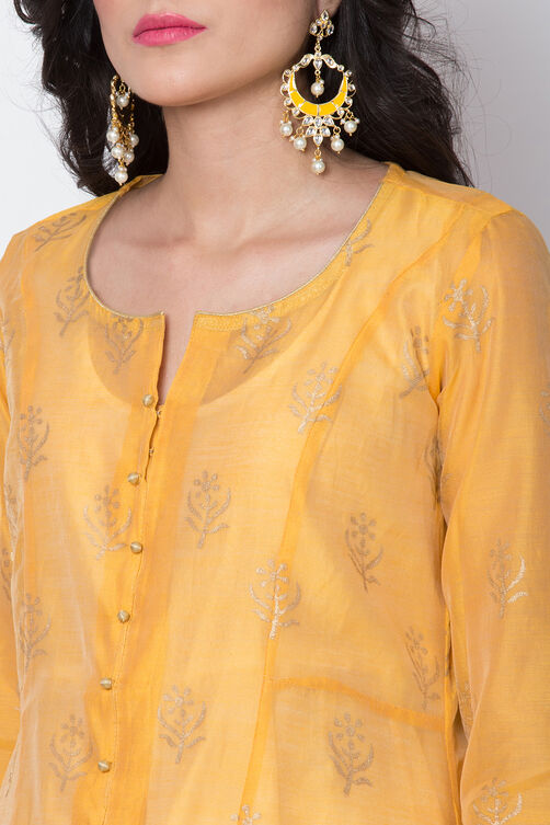Yellow Poly Cotton Front Open Kurta Churidar Suit Set image number 1