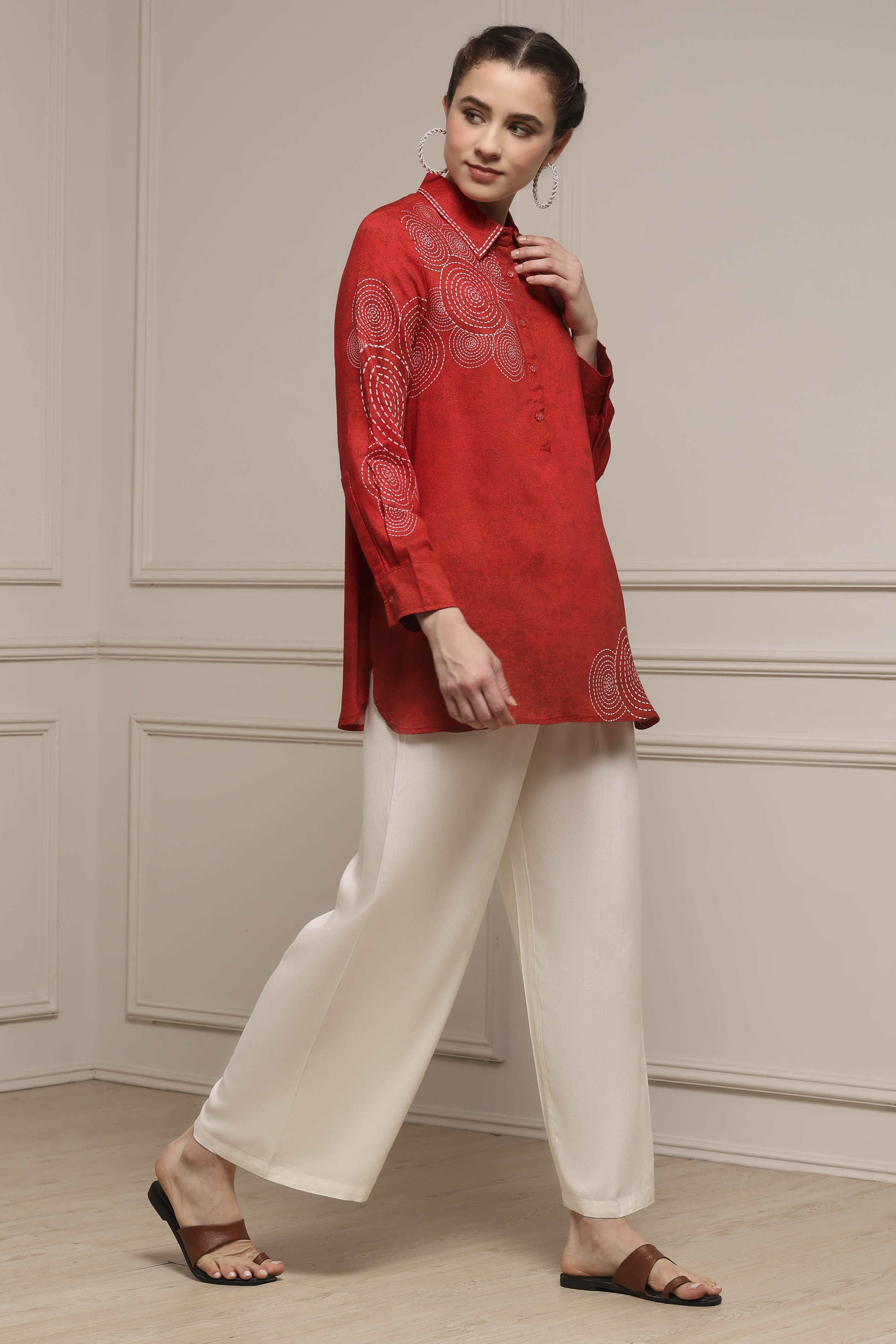 Red Viscose Rayon A-Line Printed Top image number 0