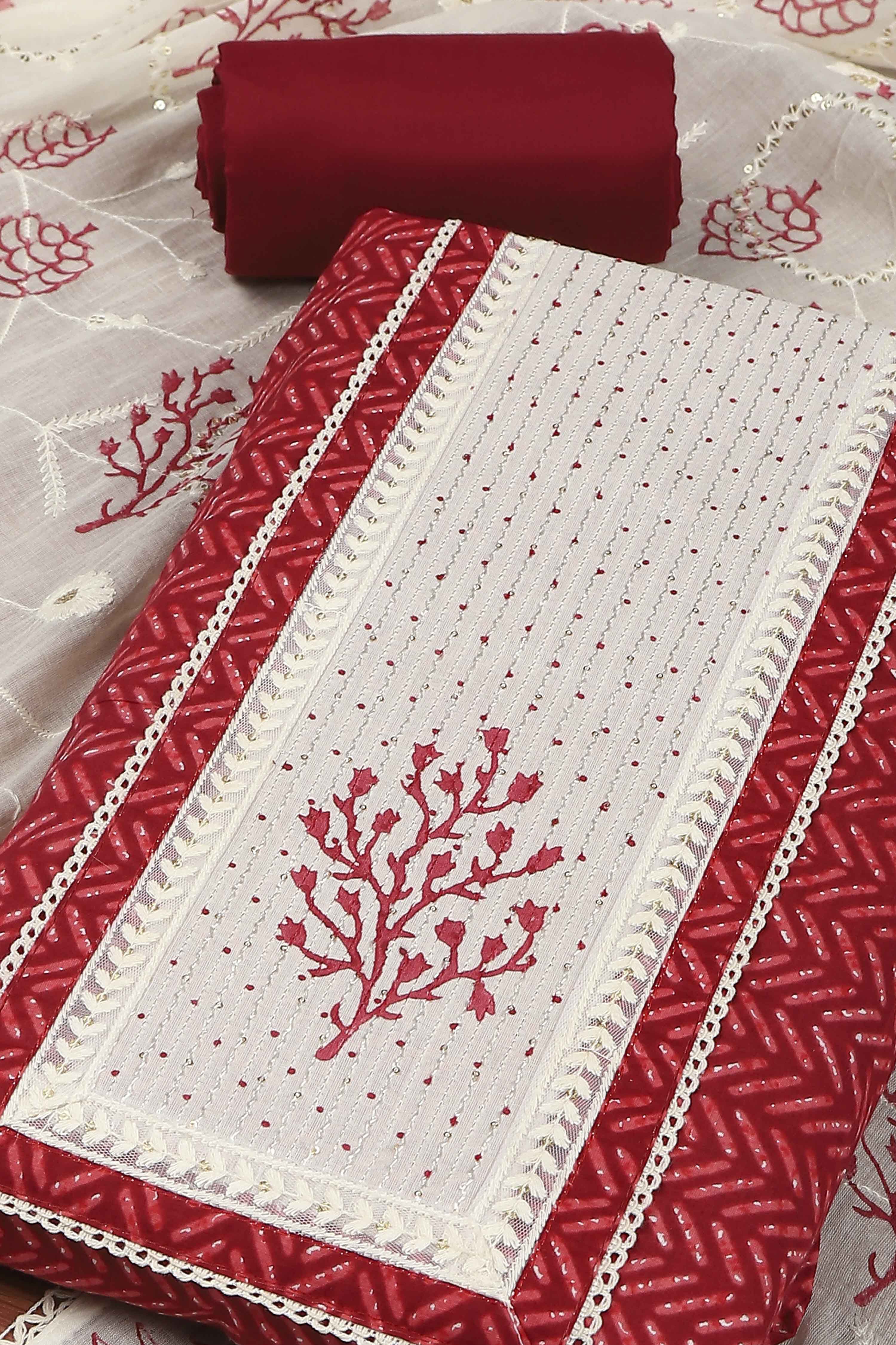 Red Cotton Printed Embroidered Unstitched Suit Set image number 1