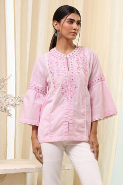 Pink Cotton Striped Straight Short Kurta image number 4