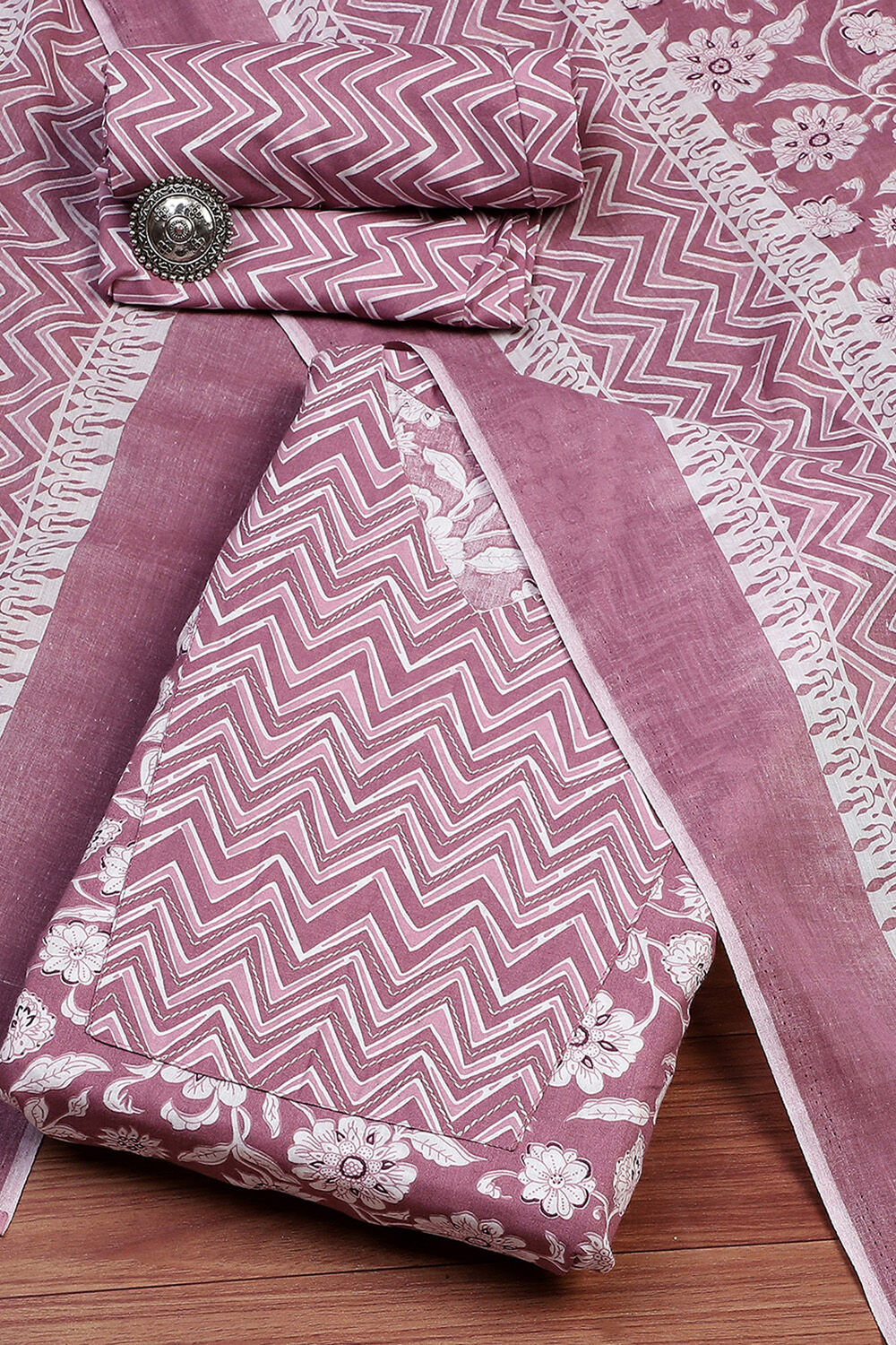 Purple Cotton Screen Printed Unstitched Suit Set image number 0