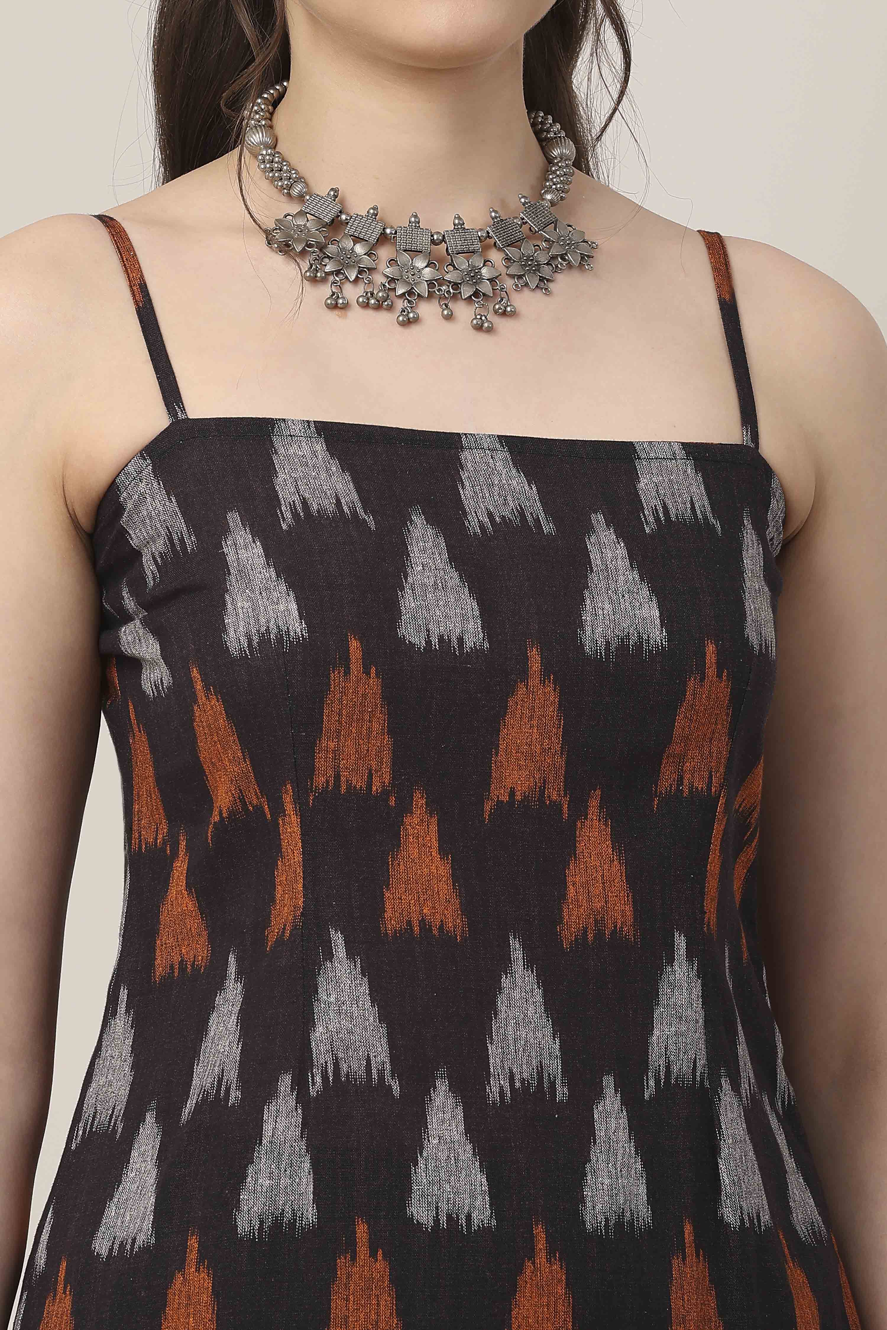 Black Cotton Abstract Printed Strappy Midi Dress image number 1