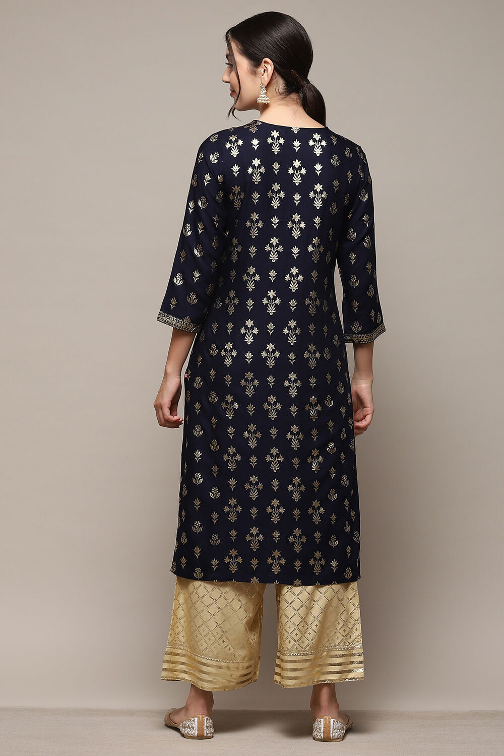 Navy Blue Rayon flax Straight Kurta Palazzo Suit Set image number 4