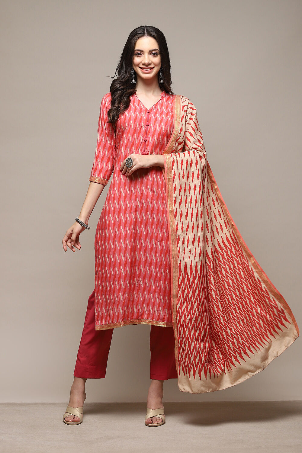 Pink Cotton Handloom Unstitched Suit Set image number 1
