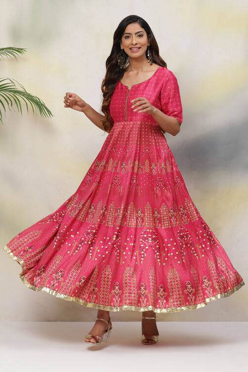 Fuchsia Anarkali Art Silk Printed Kurta image number 0