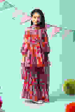 Red Polyester Gathered Printed Kurta Garara Suit Set image number 6