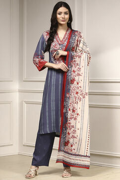 Blue Viscose Rayon Straight Printed Suit Set image number 6