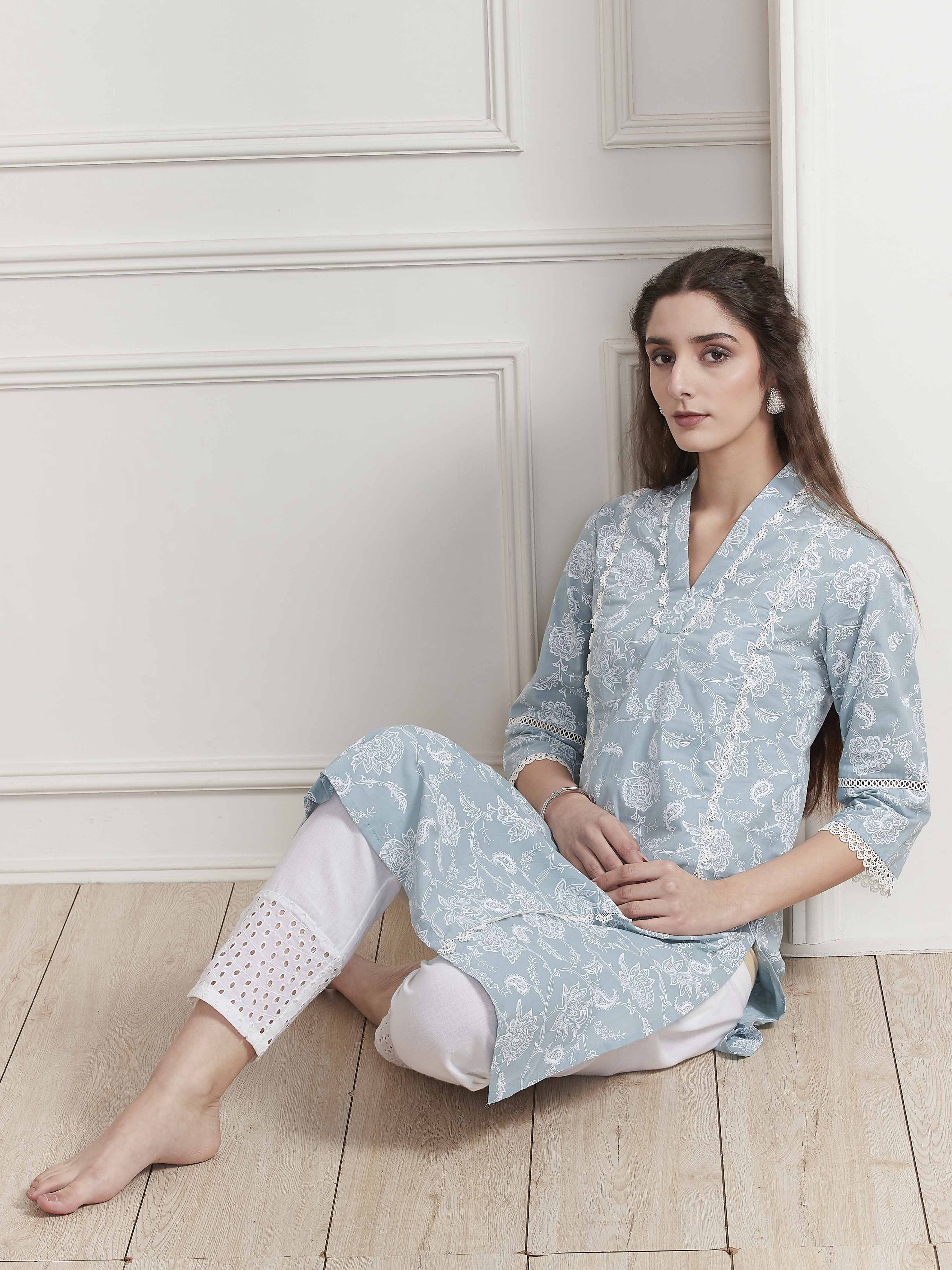 Blue Cotton Straight Kurta image number 6