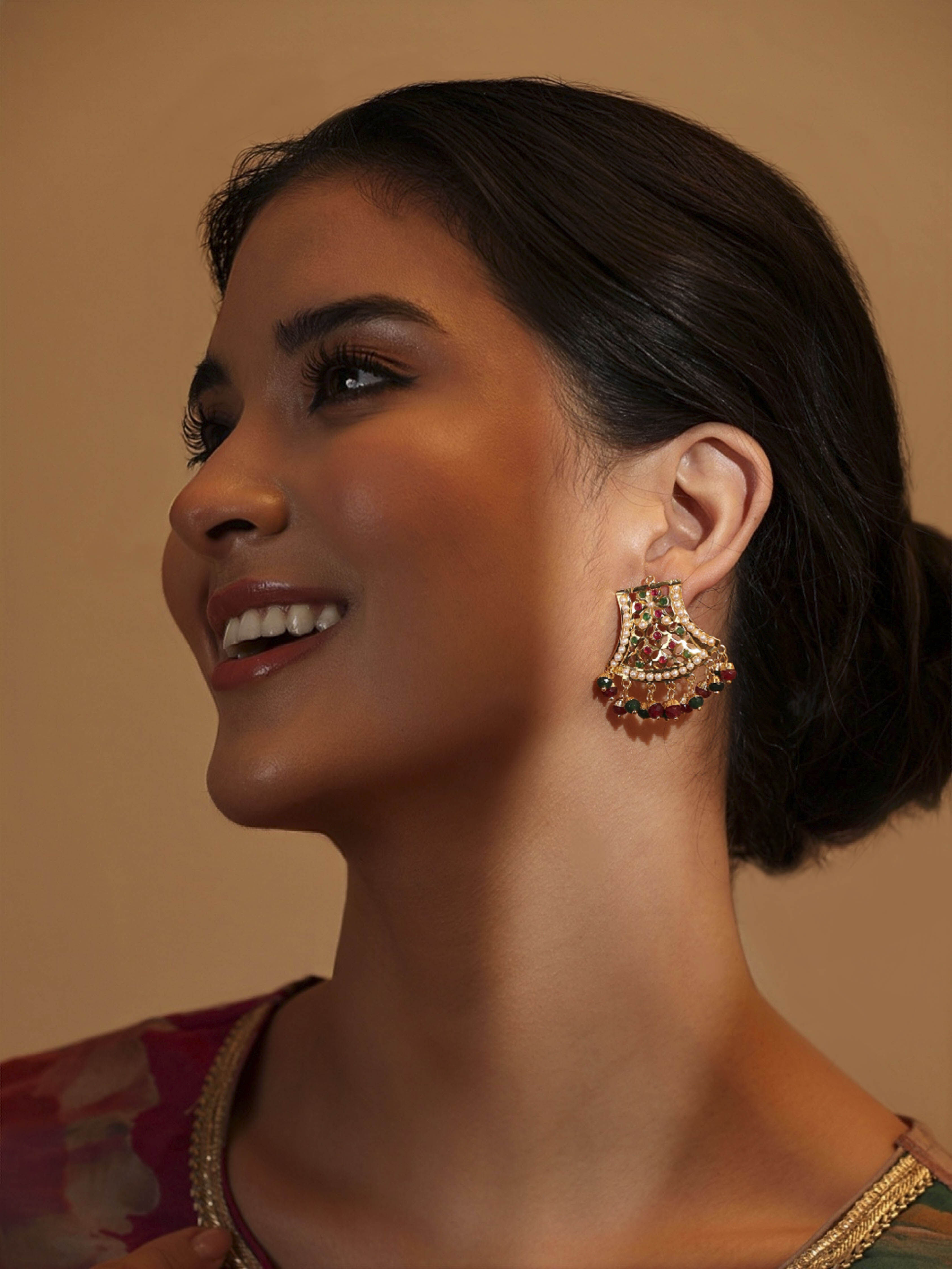 Red & Green Gold Plated Brass Drop & Dangler Earrings image number 3