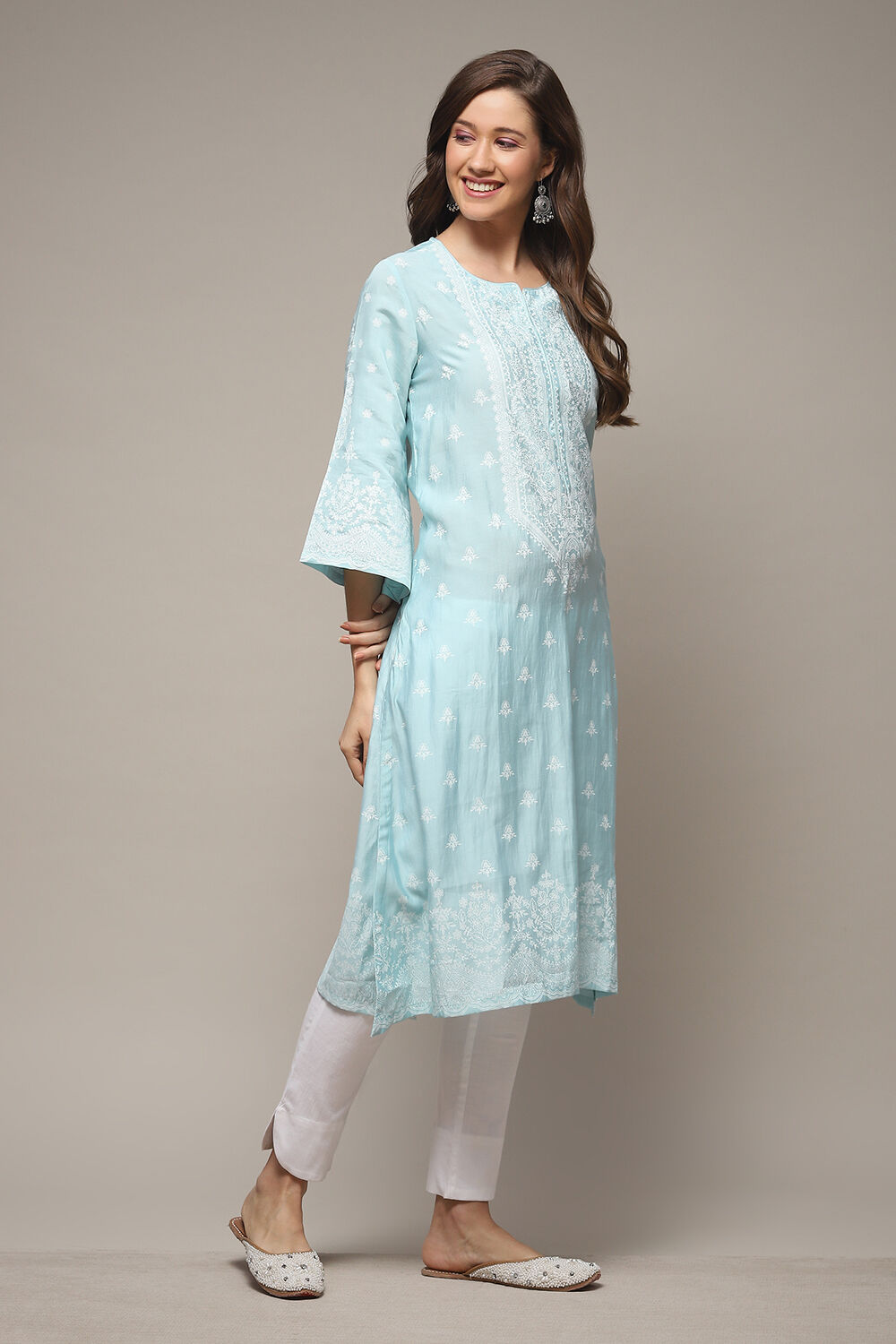 Blue Viscose Straight Printed Kurta image number 4