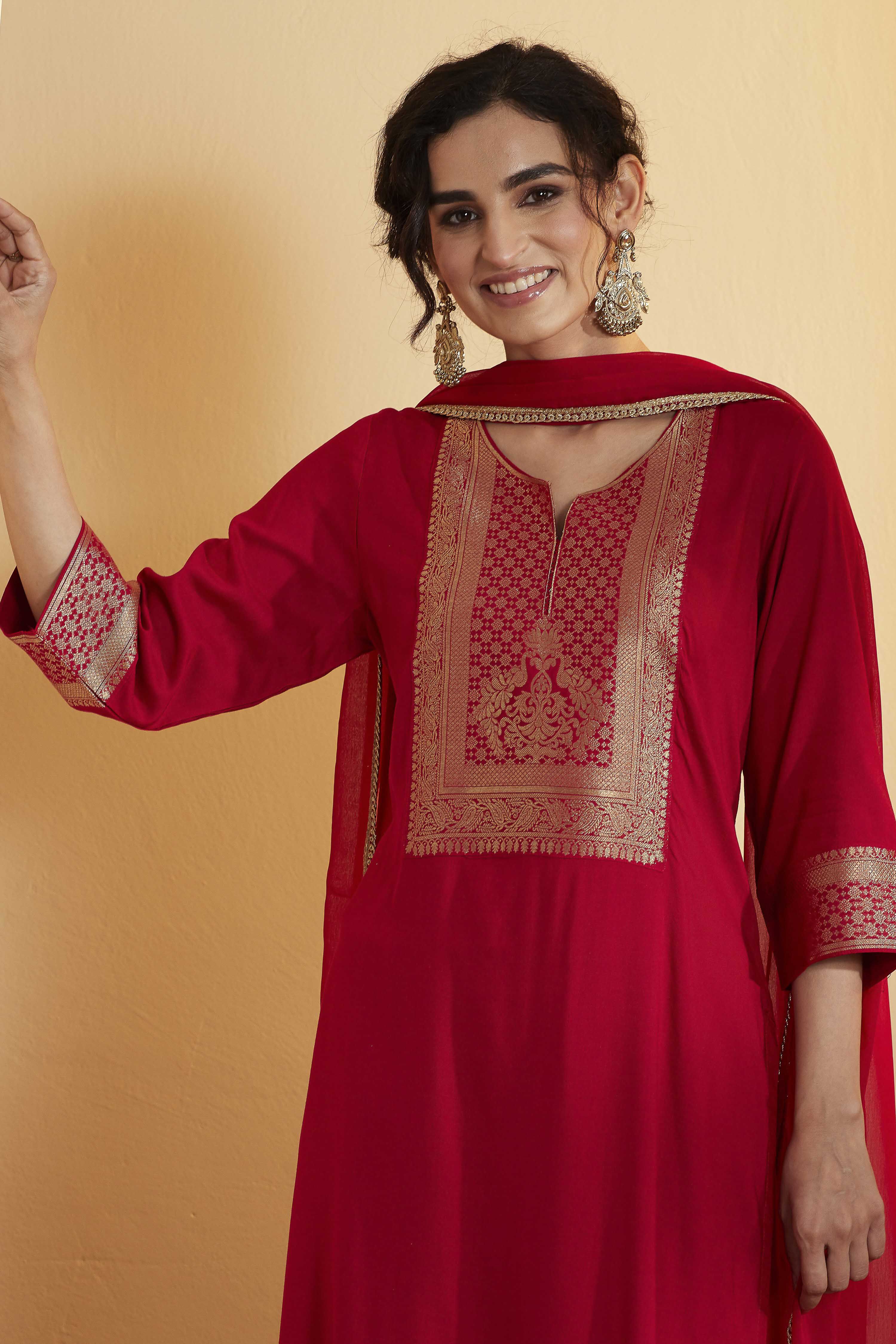 Red Viscose Rayon Yoke Design Straight Kurta Set image number 1