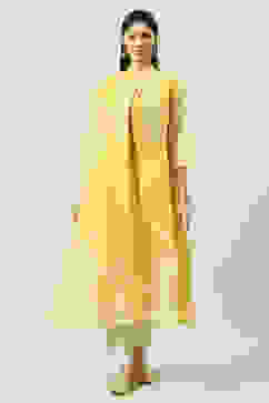Yellow Art Silk Flared Printed Kurta with Jacket image number 0