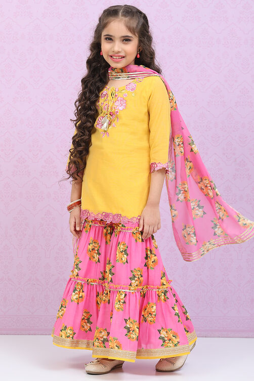 Yellow & Violet Art Silk Straight Kurta Garara Suit Set image number 5