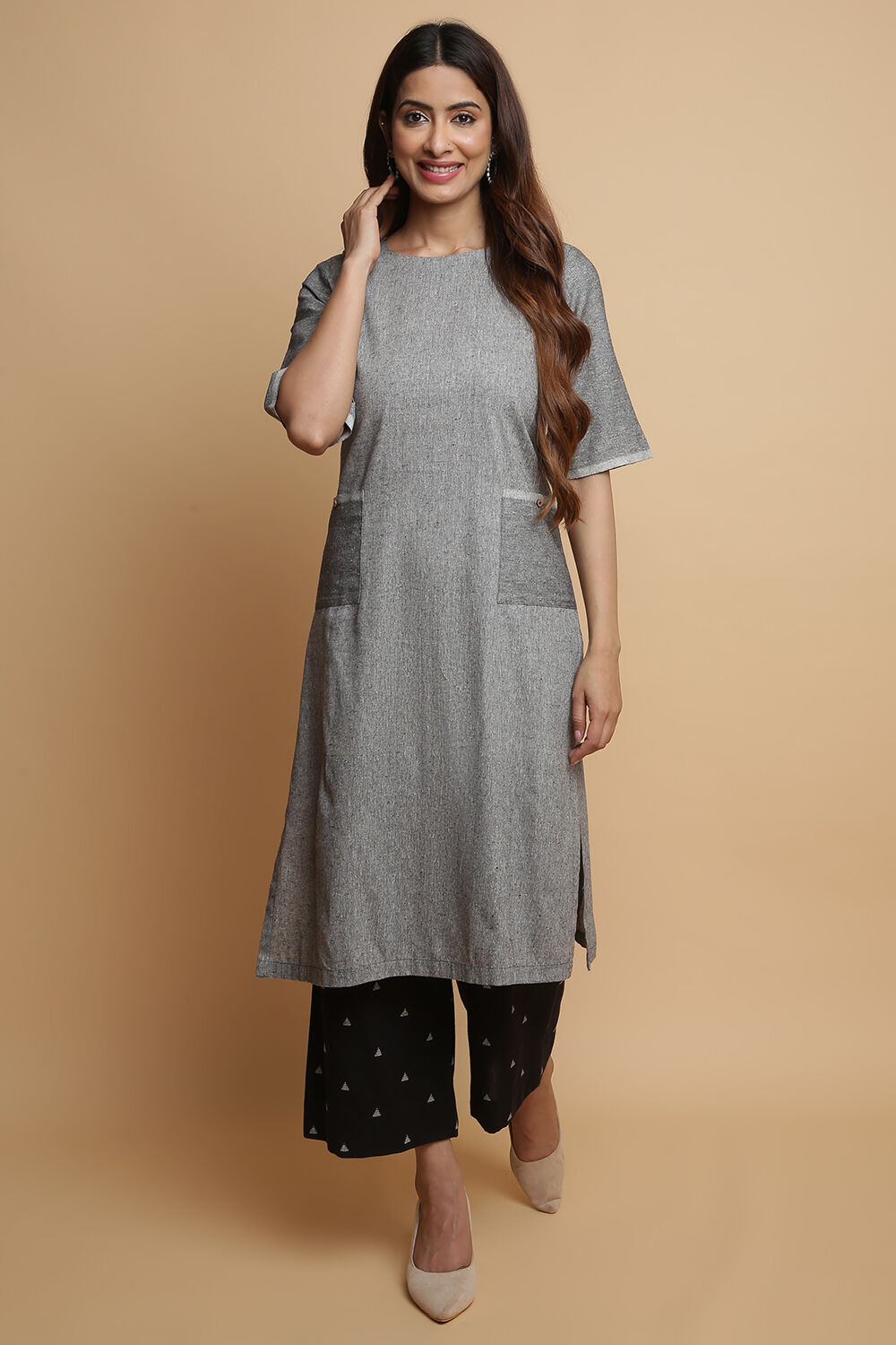 Navy Cotton Straight Kurta Palazzo Suit Set image number 0