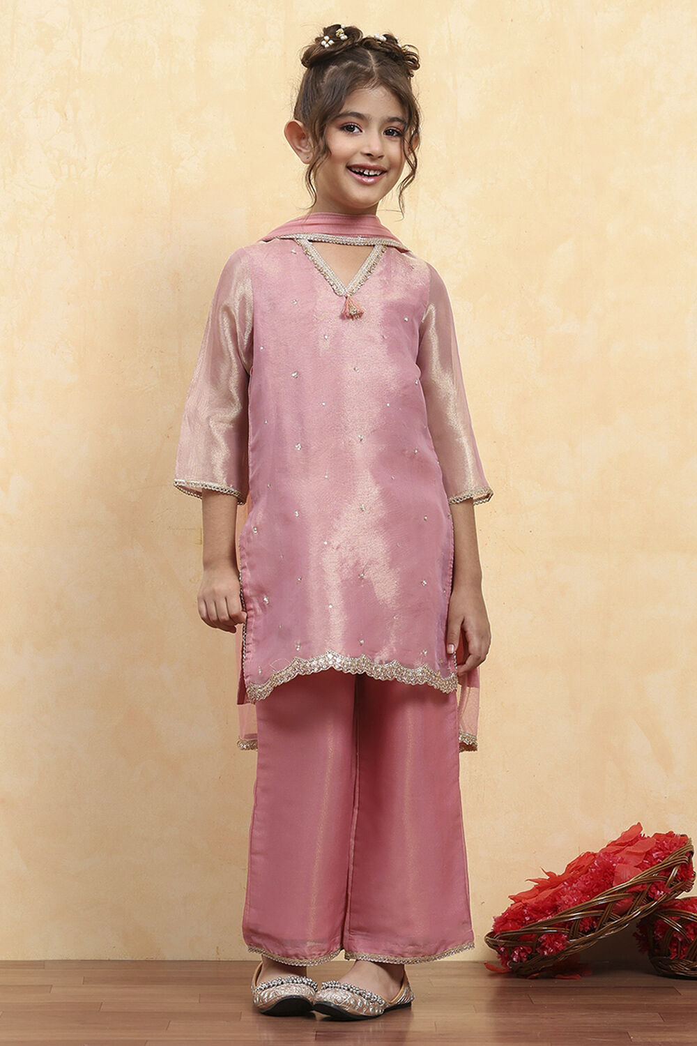 Baby Pink Tissue Solid Straight Suit Set image number 6