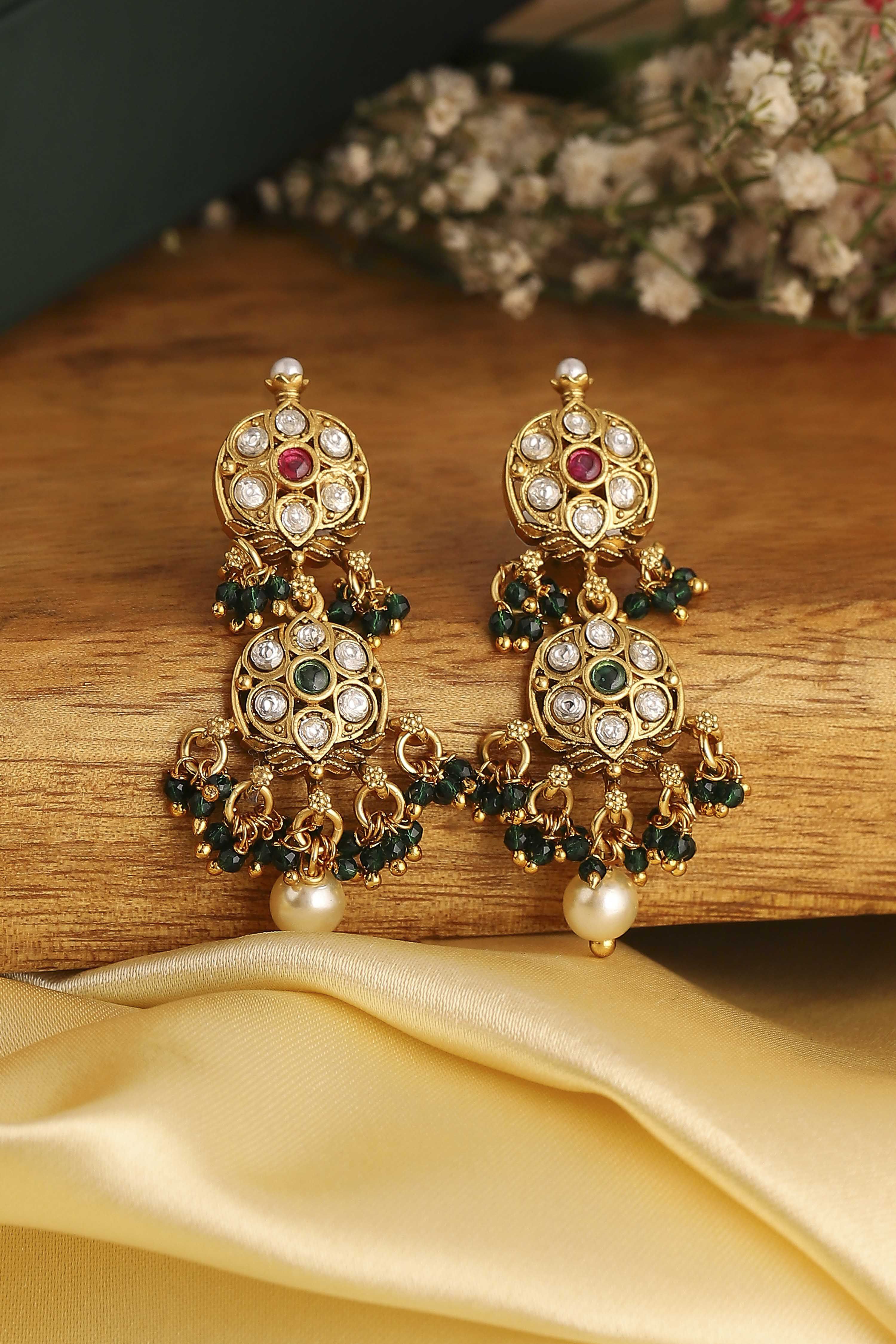 Gold Plated Brass Stone Studded Drop Earrings image number 0