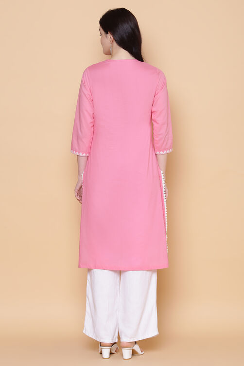 Pink Cotton Chikankari Embroidered Kurta image number 4