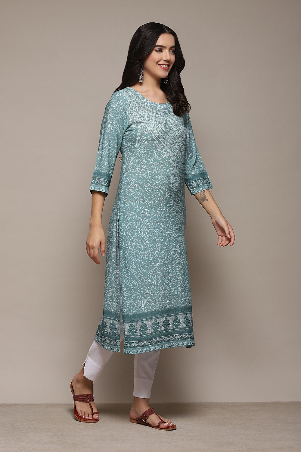 Turquoise Bandhani Printed Straight Kurta image number 1