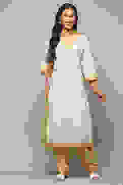 Yellow White Cotton Unstitched Suit set image number 8