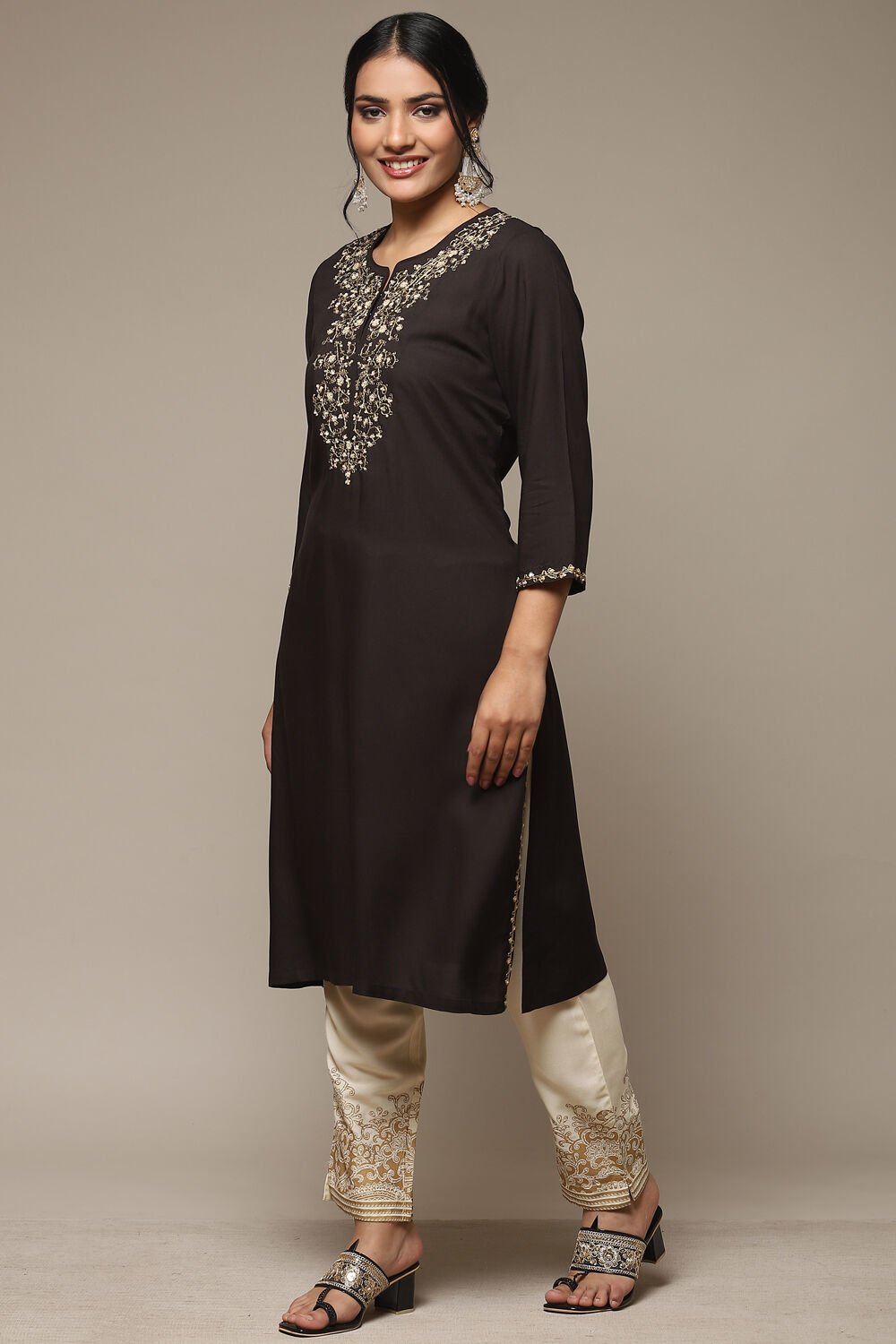 Brown Rayon Straight Kurta Pants Suit Set image number 3