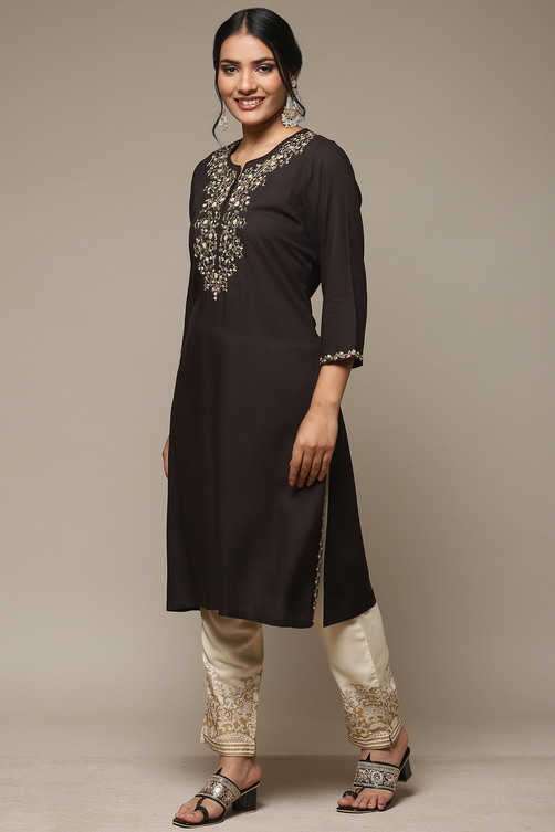 Brown Rayon Straight Kurta Pants Suit Set image number 3