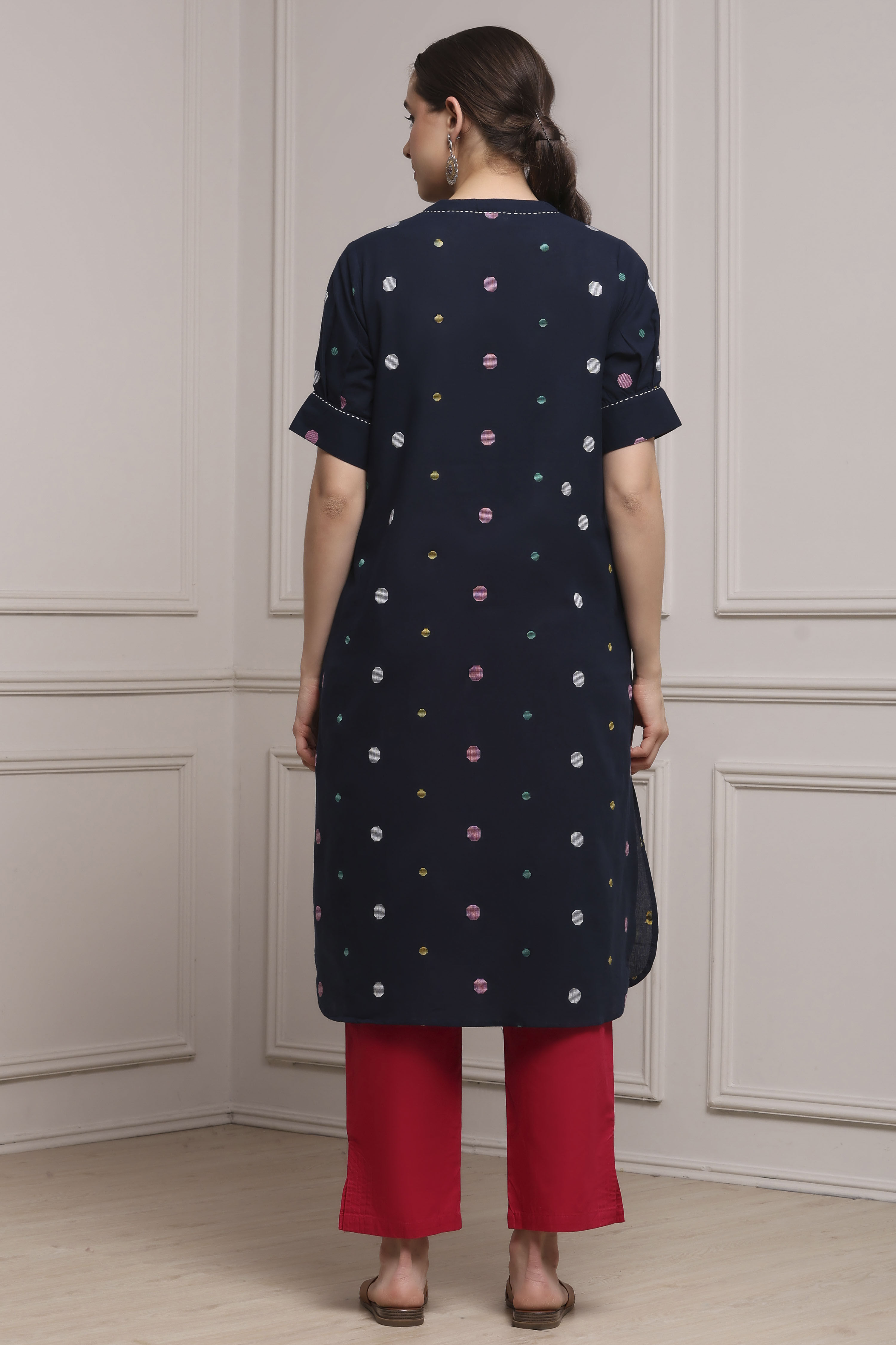 Navy Blue Cotton Printed Straight Kurta image number 3