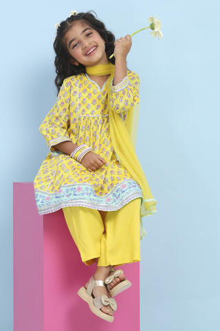 BIBA Yellow Cotton Printed A-Line Suit Set in Yellow
