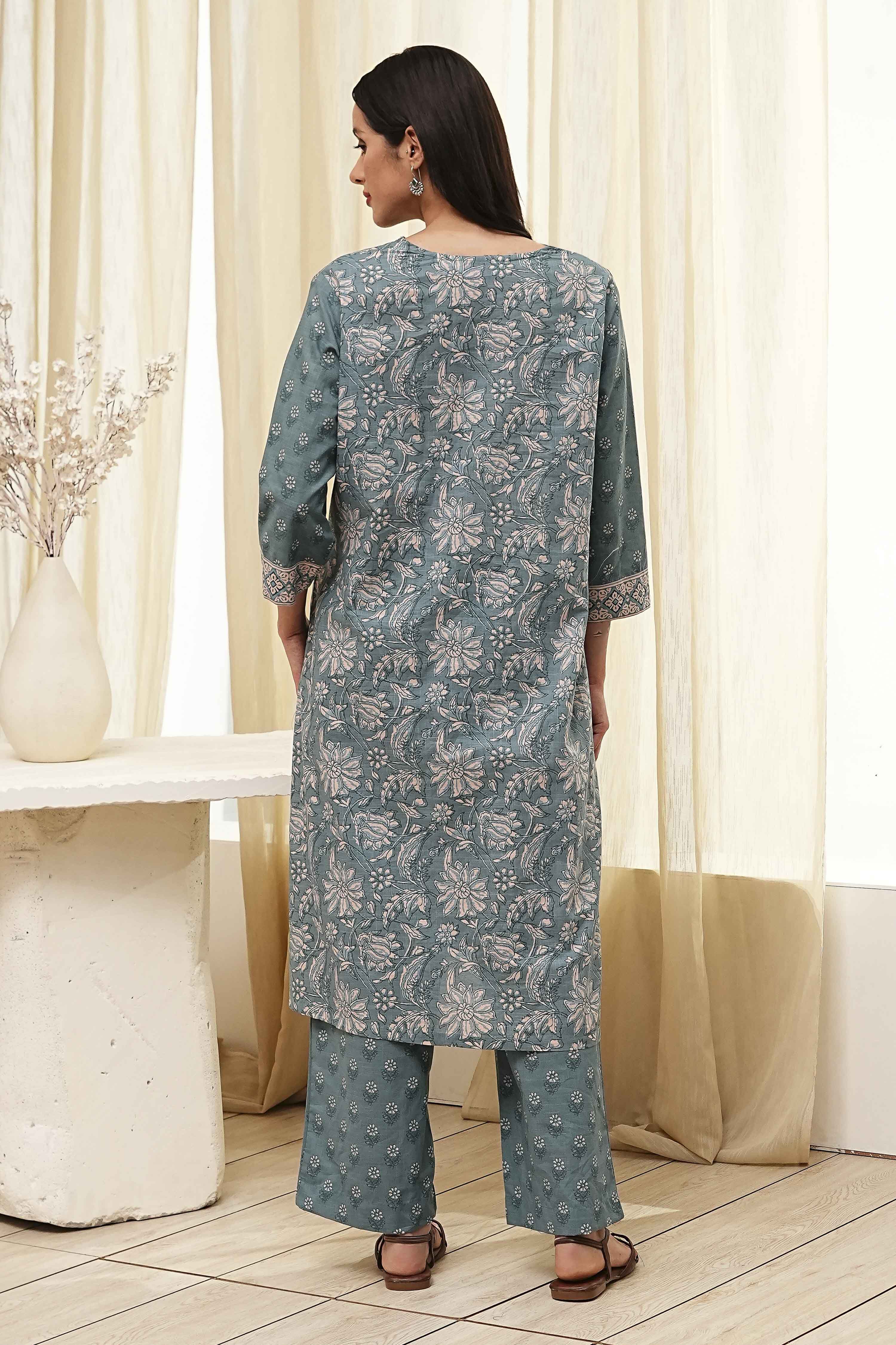 Green Cotton Printed Straight Suit Set image number 5