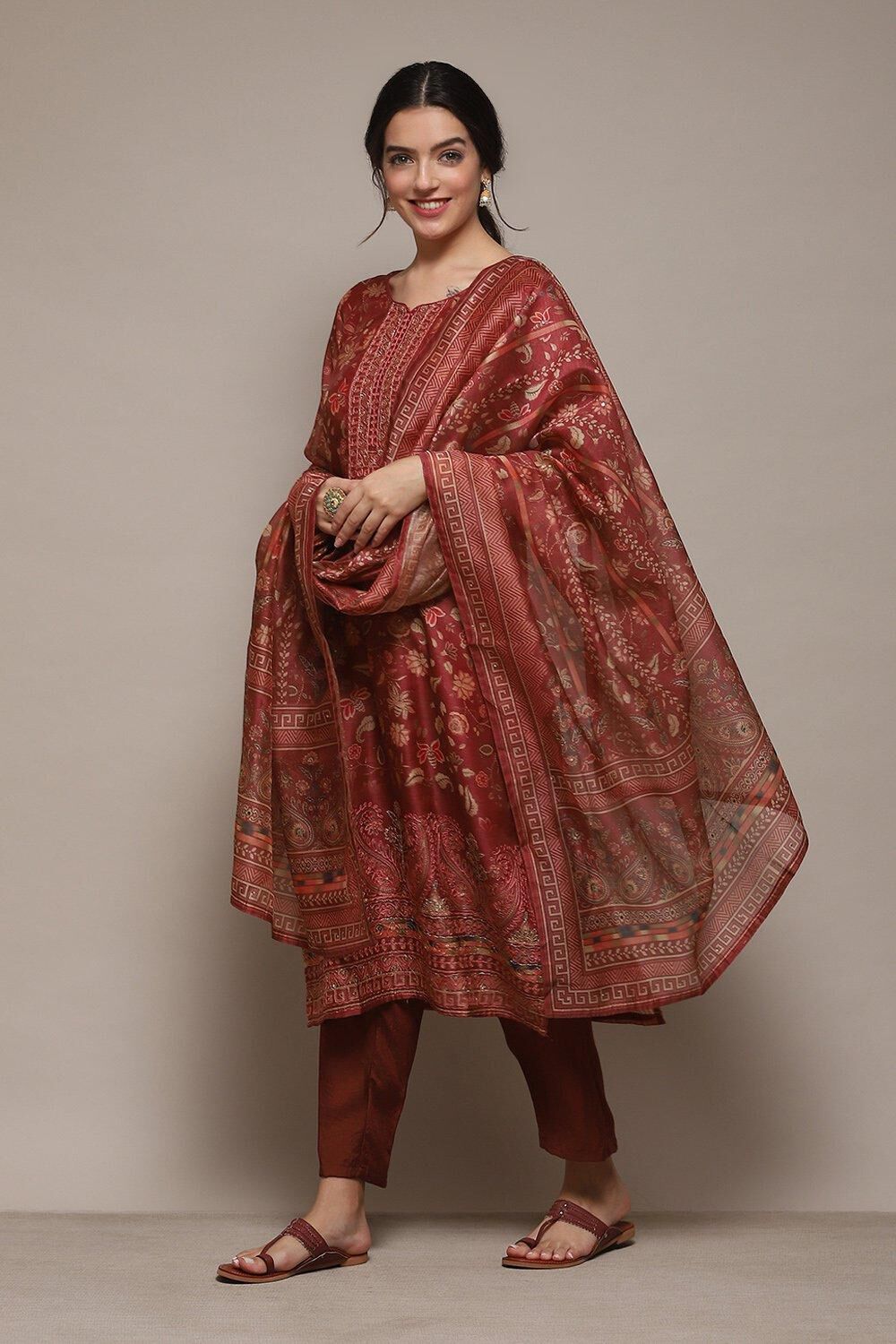 Maroon Chanderi Unstitched Suit Set image number 5