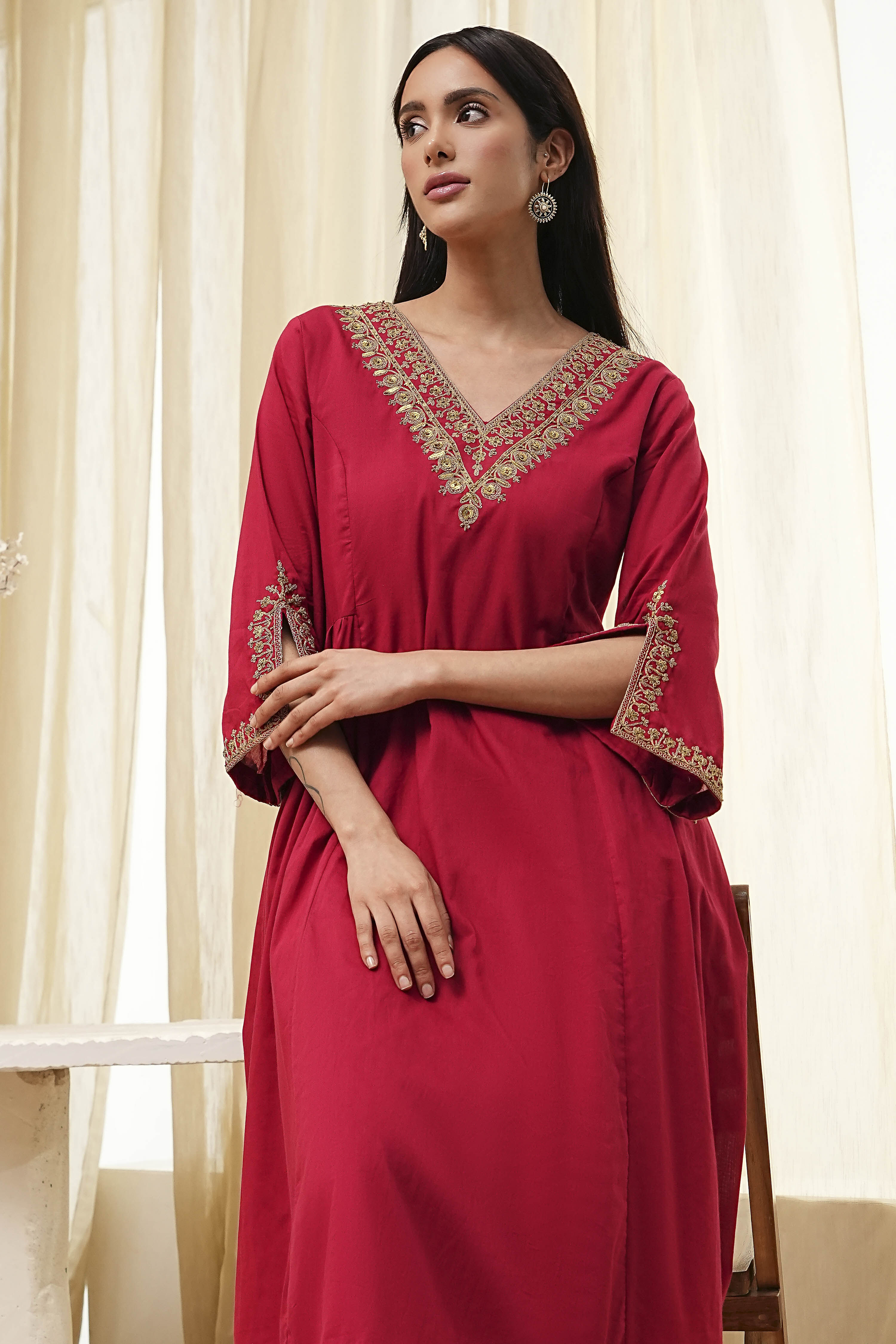 Red Cotton Solid A-Line Kurta image number 6