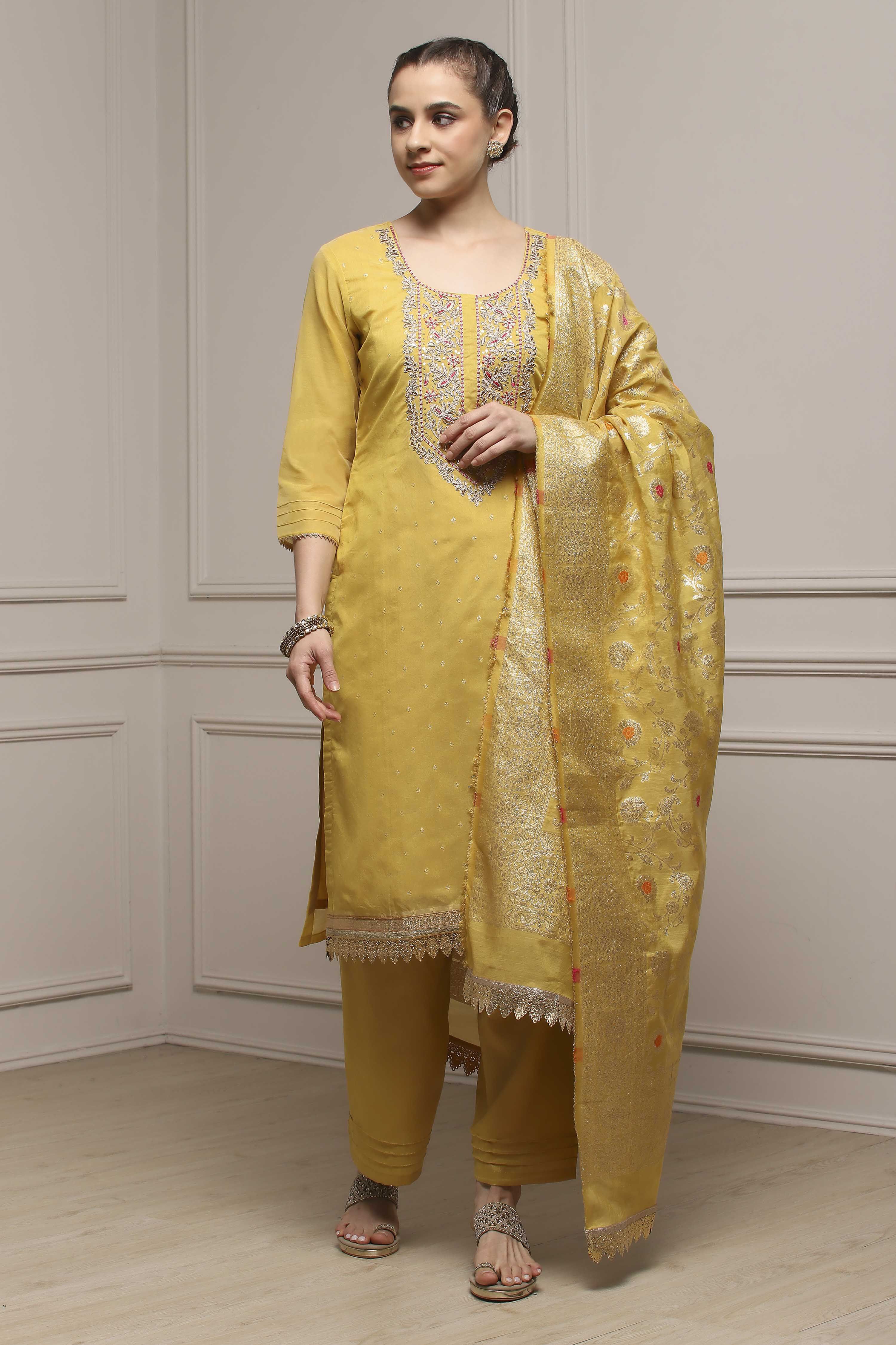 Yellow Tissue Blend Machine Embroidered Unstitched Suit Set image number 1