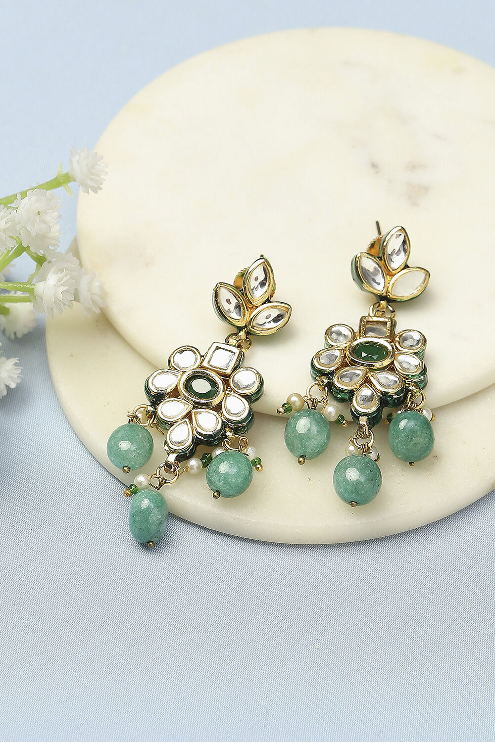 Green Kundan Festive Drop & Danglers image number 0