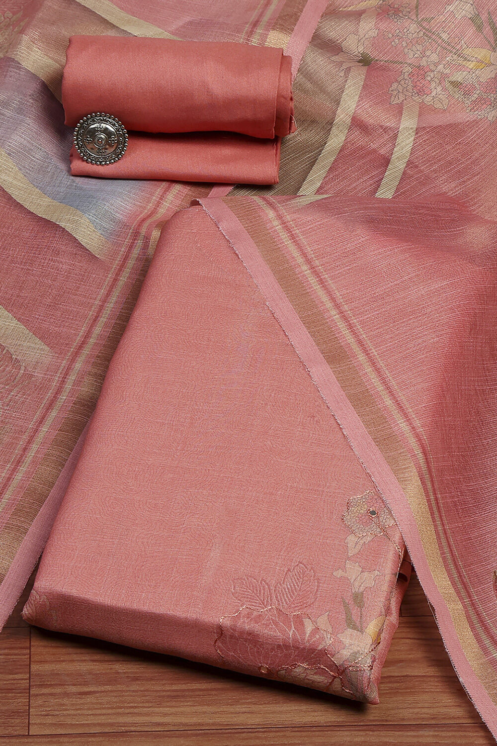 Maroon Linen Printed Embroidered Unstitched Suit Set image number 0