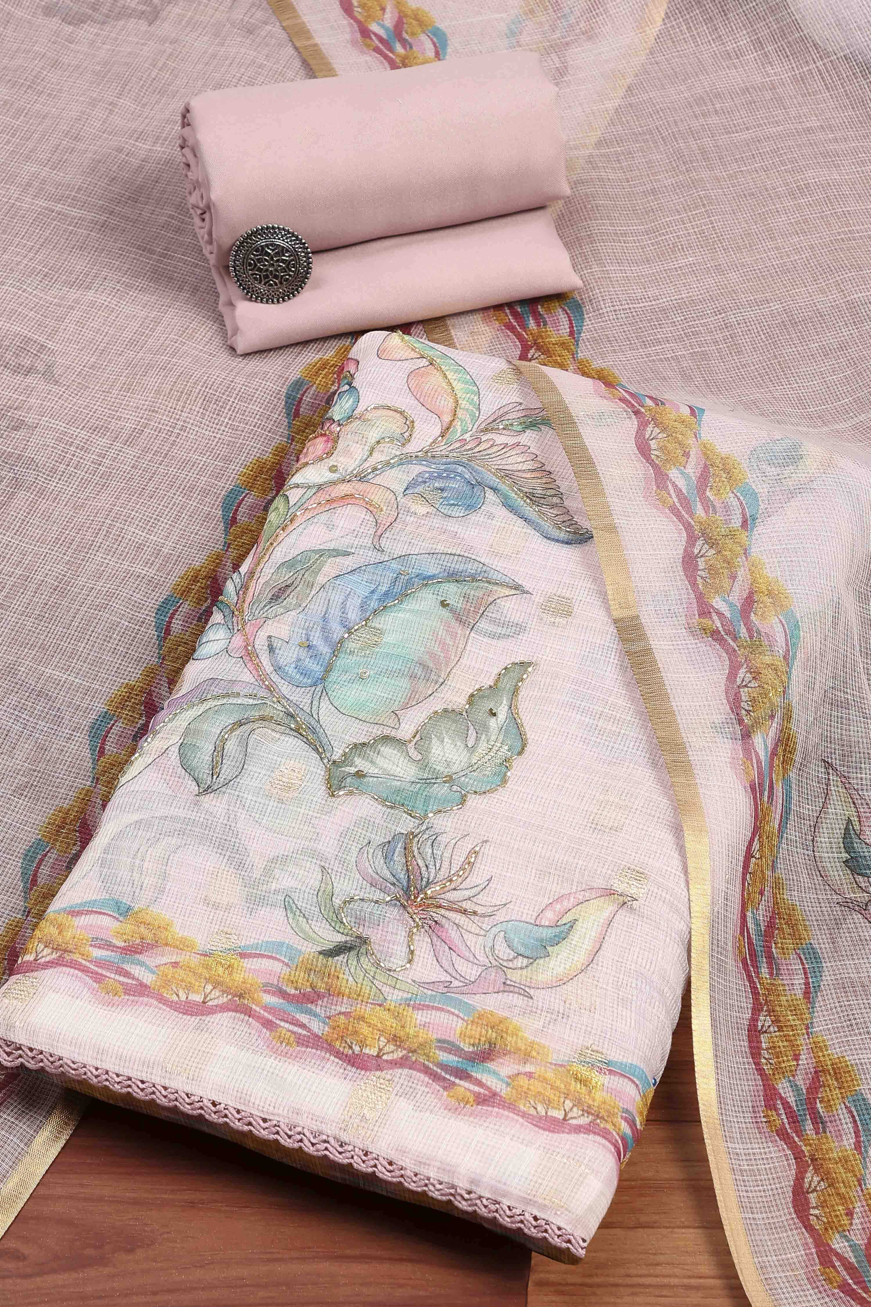 Peach Cotton Printed Unstitched Suit Set image number 0
