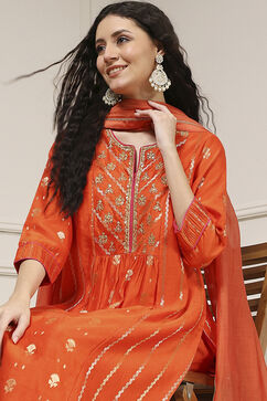 Orange Silk Straight Yarndyed Suit Set image number 7