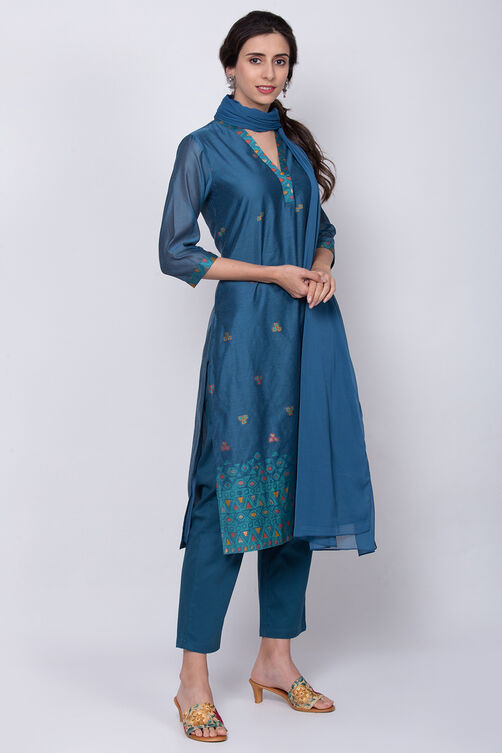 Blue Poly Cotton Straight Kurta Pant Suit Set image number 3