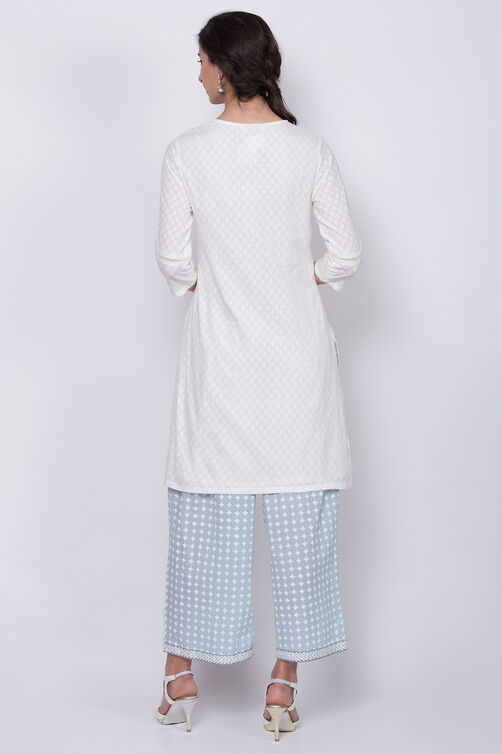 Off White Cotton Straight Kurta Palazzo Suit Set image number 4
