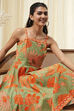 Green Cotton Blend Floral Printed Flared Dress image number 7