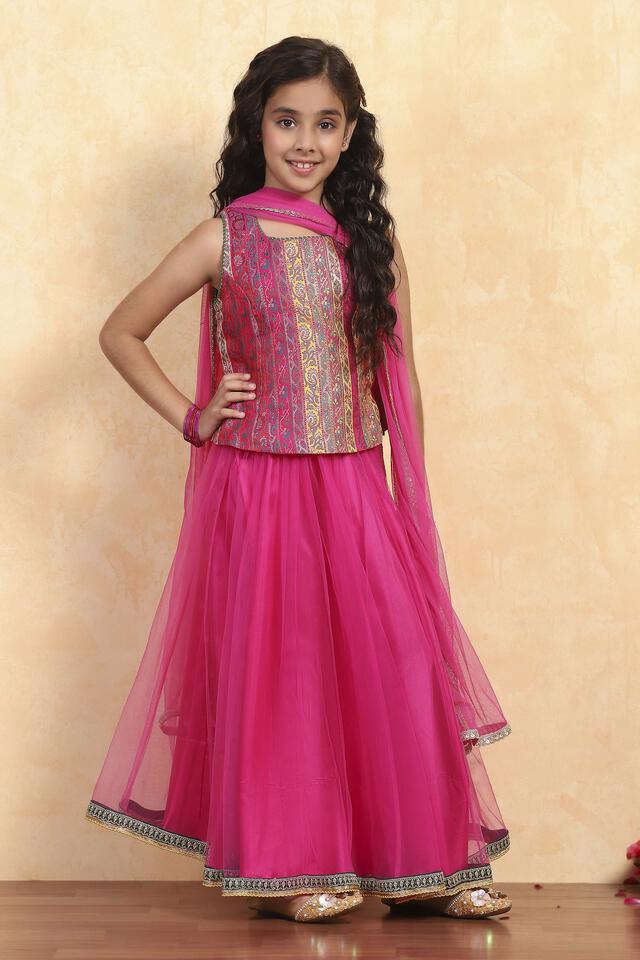 BIBA Pik Polyester Yardyed Fitted Lehega Set in Fuchsia