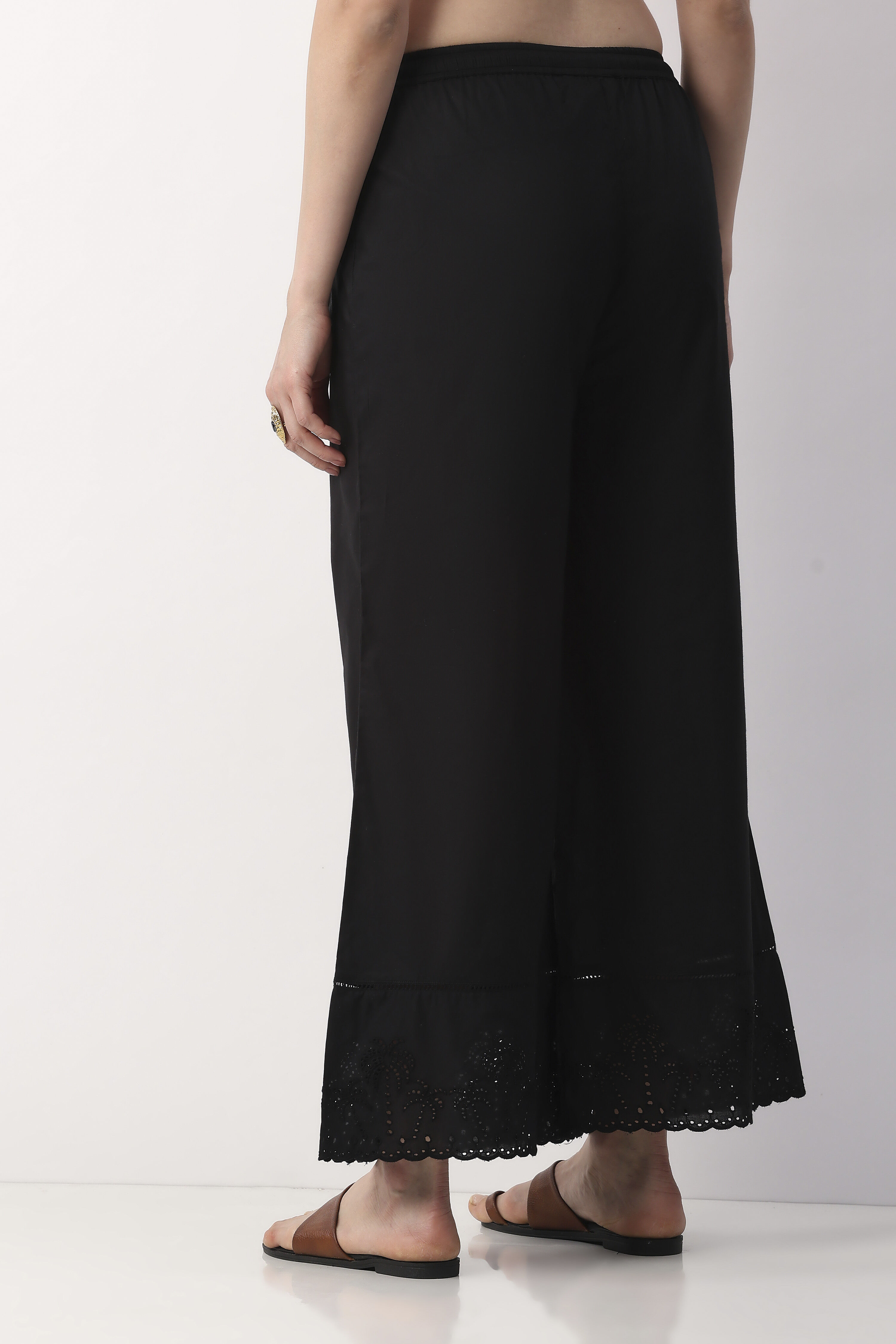 Black Cotton Flared Dyed Palazzos image number 2