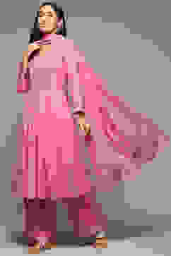 Pink Cotton Gathered Kurta Palazzo Suit Set image number 0