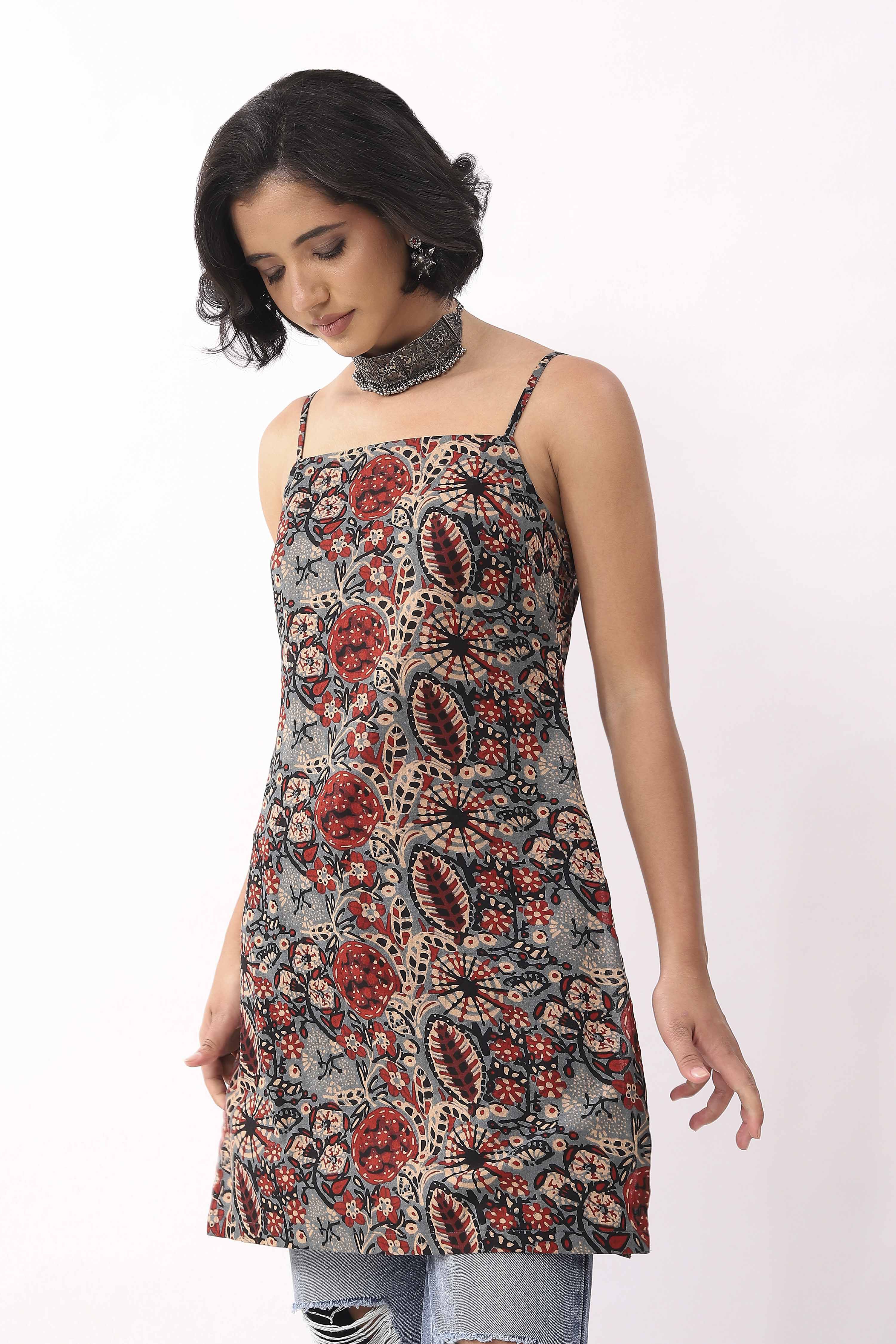 Blue Cotton Printed A Line Short Kurti image number 2