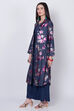 Denim Blue Cotton Front Open Printed Kurta image number 3
