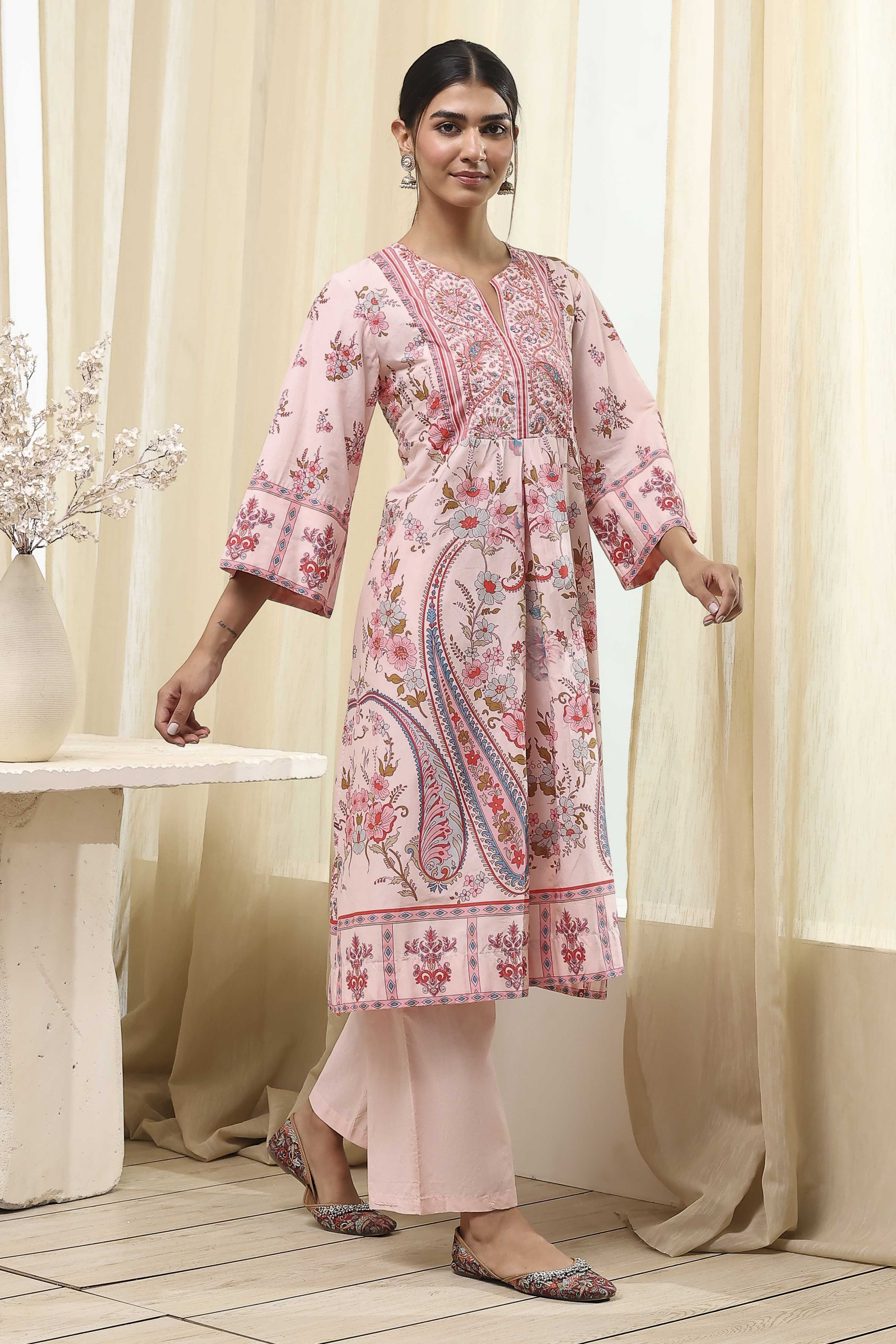 Peach-Colored Cotton Floral A-Line Kurta Set image number 0