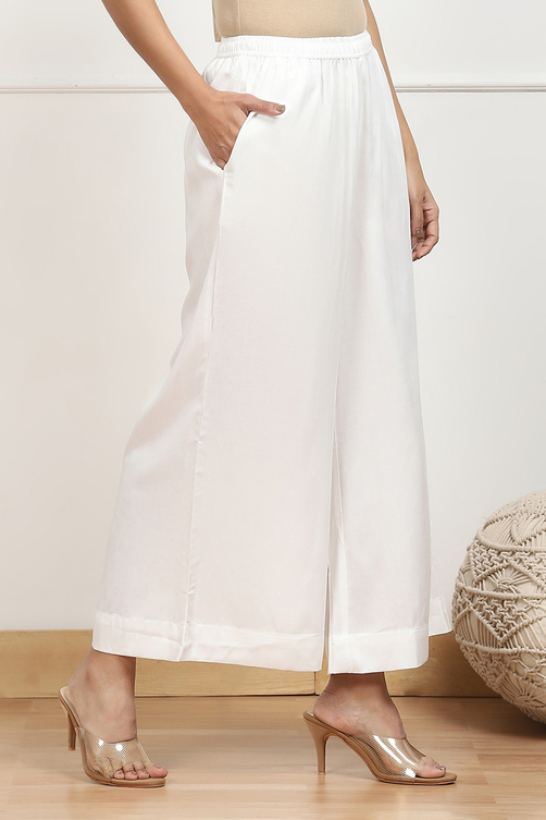 Navy Blue Viscose Solid Straight Palazzos image number 3