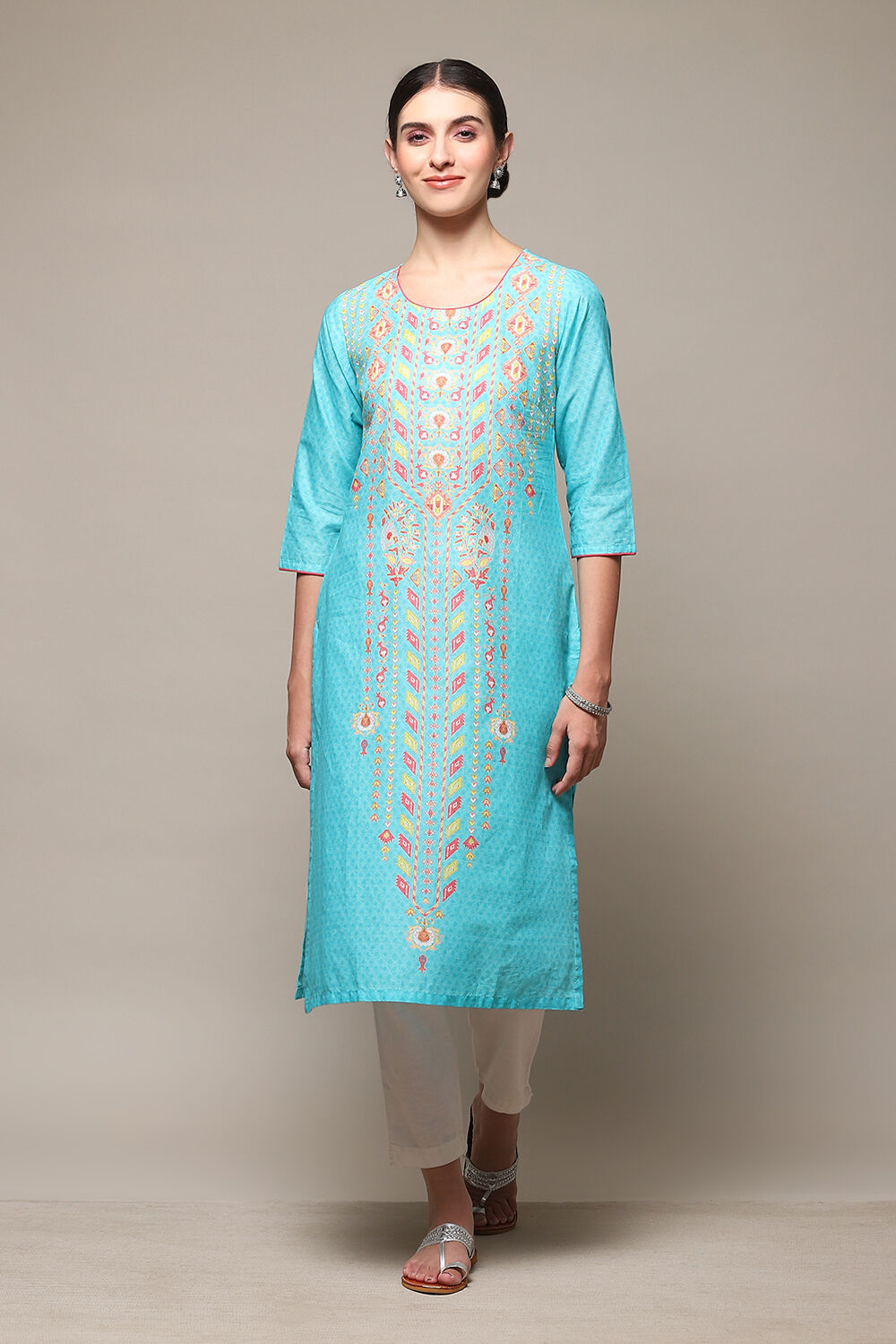 Blue Cotton Straight Printed Kurta image number 5